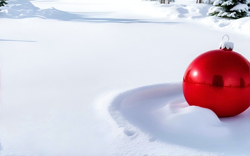 红色的圣诞球装饰在雪地上
