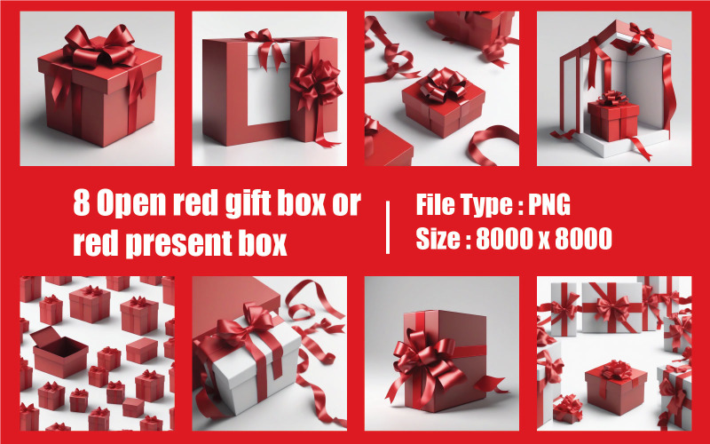 8套打开的红色礼盒或红色礼盒，白色背景上有红丝带和蝴蝶结