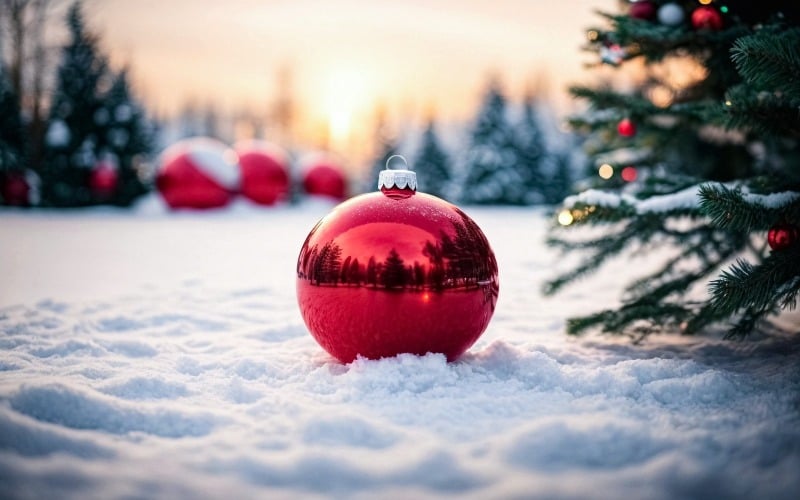 红色的圣诞球在雪地里，有圣诞树和灯光