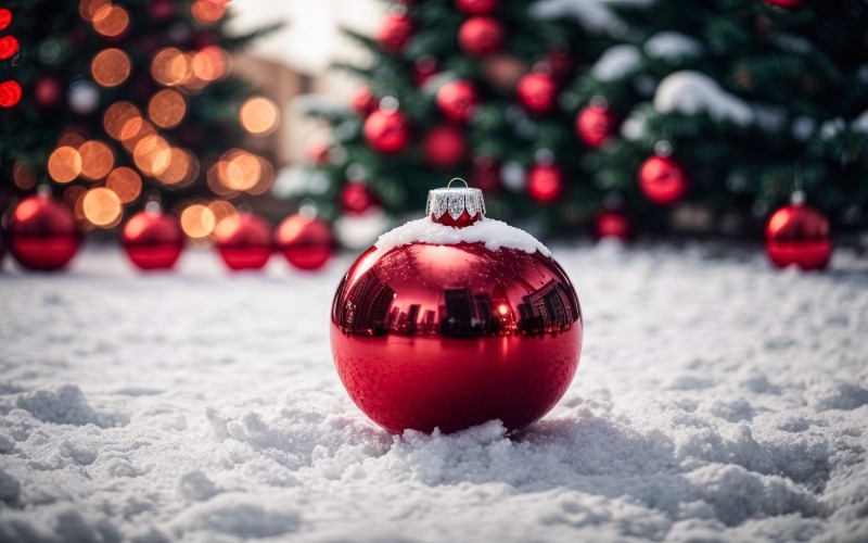 红色的圣诞球装饰在雪与圣诞灯