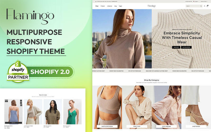 Flamingo — uniwersalny motyw Shopify 2.0. Czysta odzież i projektowanie mody