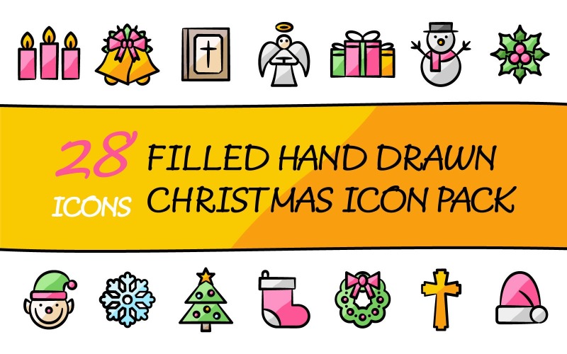 Drawniz - uniwersalny zestaw ikon Wesołych Świąt w wypełnionym, ręcznie rysowanym stylu