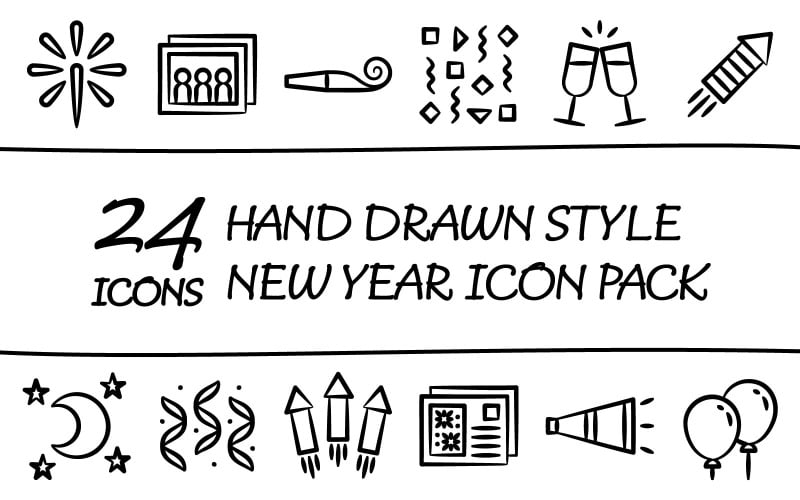 Drawnizo - Pack d'icônes polyvalent de bonne année dans un style dessiné à la main