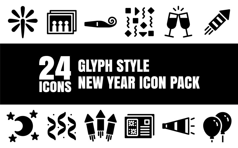 Glypiz: paquete de iconos multipropósito de feliz año nuevo en estilo glifo