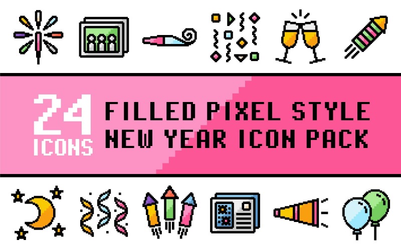 Pixliz – Mehrzweck-Frohes Neues-Icon-Paket im gefüllten Pixel-Stil