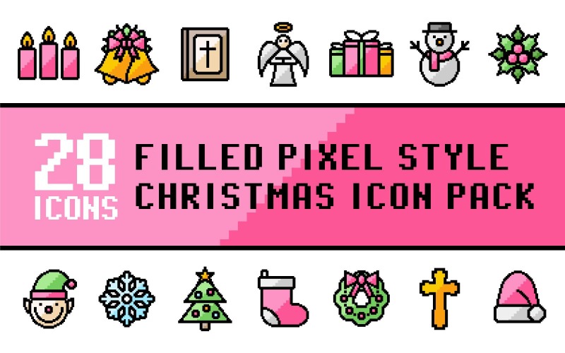 Pixliz – Mehrzweck-Symbolpaket für frohe Weihnachten im gefüllten Pixelstil