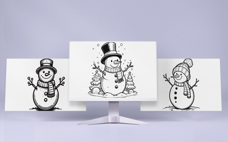 Colección de 3 plantillas de vectores de contorno negro de ilustración de muñeco de nieve