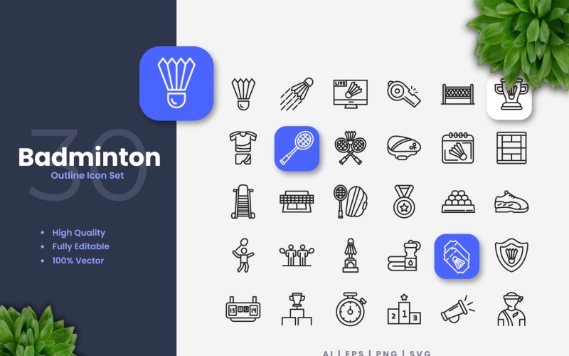 30 Badminton overzicht Icons Set