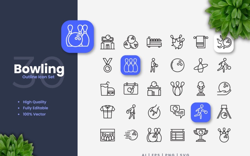 30 Bowling Outline Icons Set