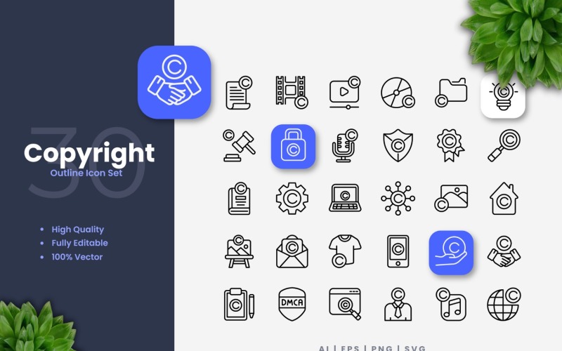 Conjunto de 30 ícones de contorno de direitos autorais