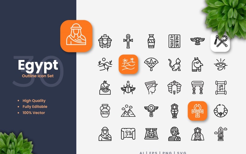 30 Egypt Outline Icons Set