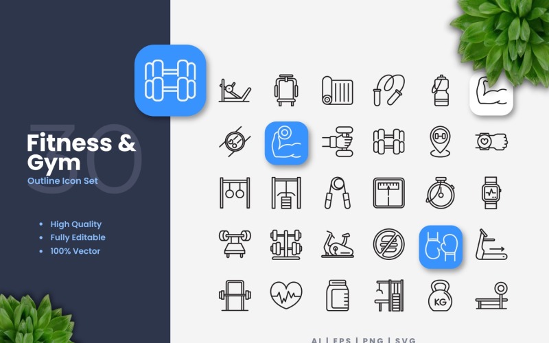 30 Fitness and Gym Outline Icons Set