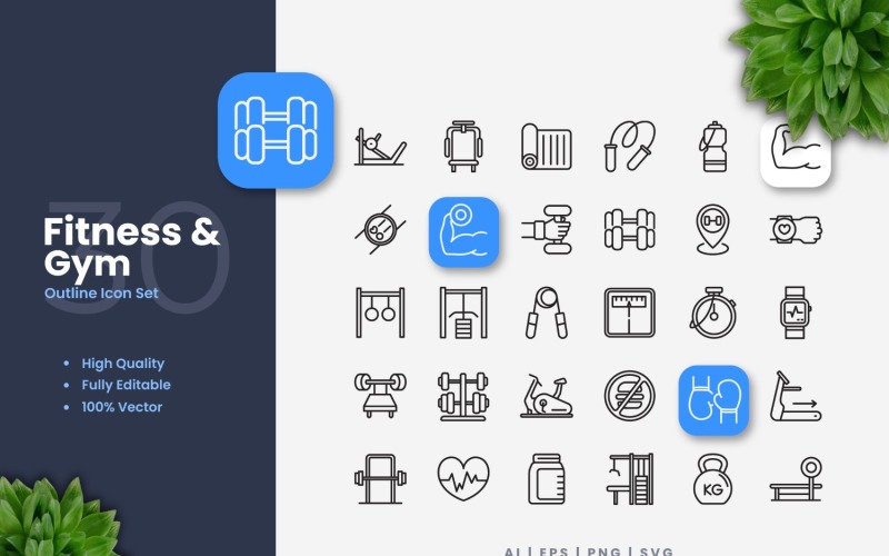 30 Fitness and Gym 大纲 Icons Set