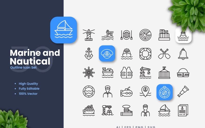Ensemble d'icônes de contour marin et nautique de 30