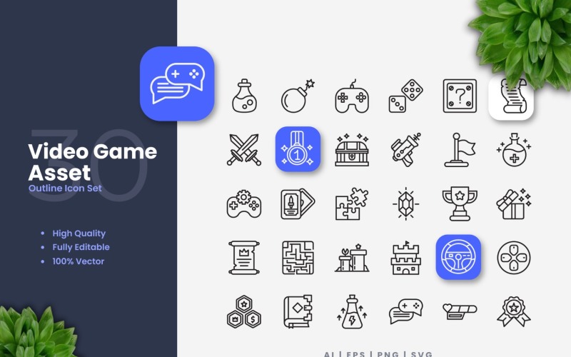 Conjunto de 30 iconos de contorno de activos de videojuegos