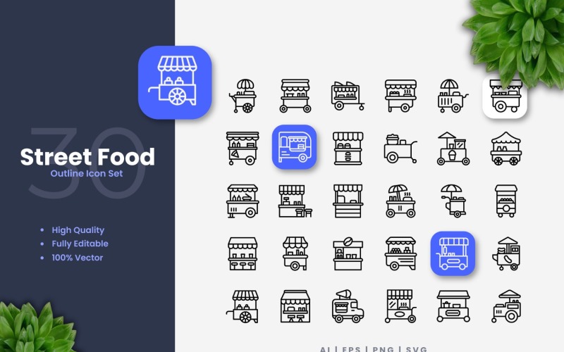 Ensemble d'icônes de contour de 30 aliments de rue