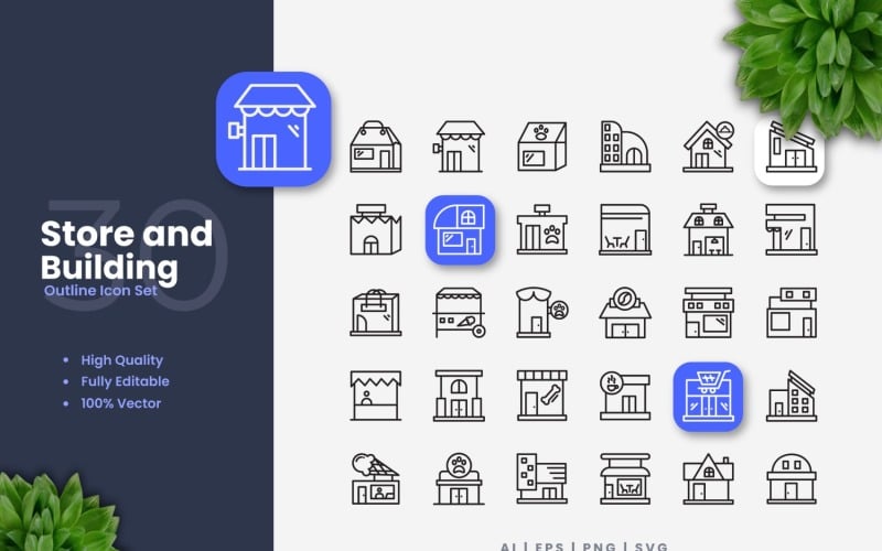 30 Store and Building Outline Icons Set