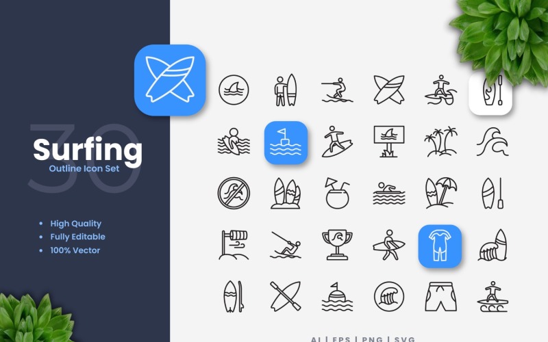 30 surfen overzicht Icons Set