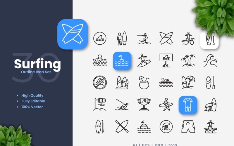 30 Surfing Outline Icons Set