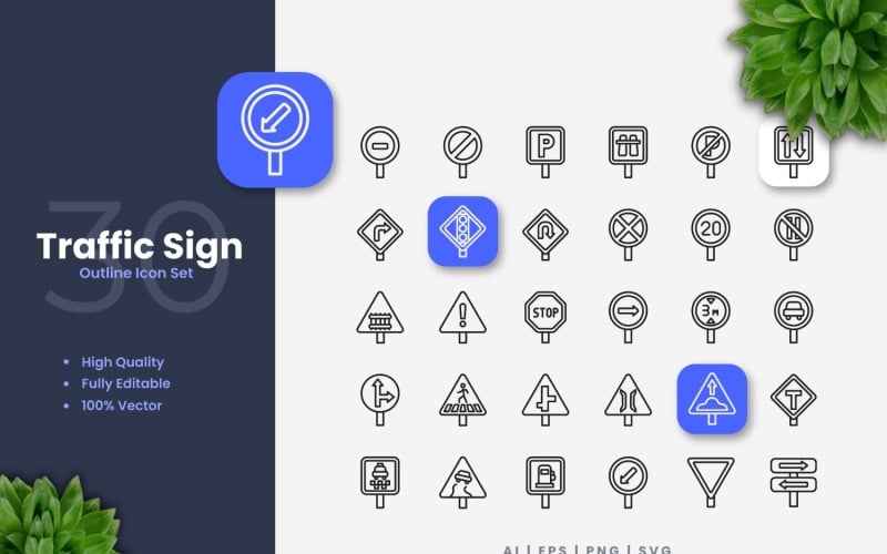 30 Traffic Sign Outline Icons Set