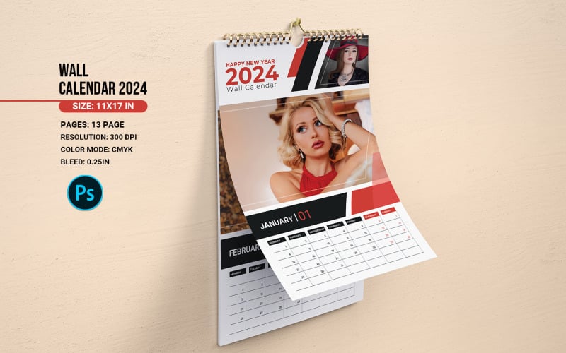 Modelo de calendário de parede 2024. Modelo Adobe Photoshop