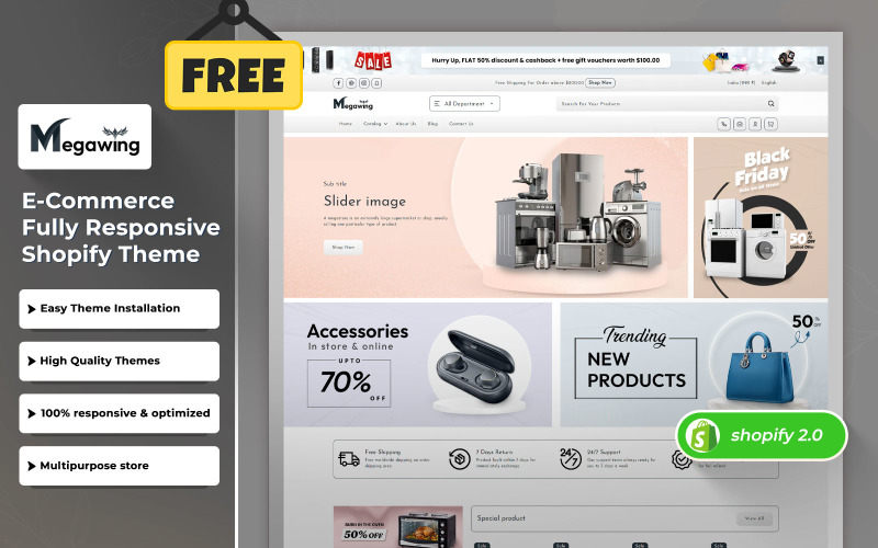 Megawing - Tema adaptable gratuito para Shopify para tienda de electrónica
