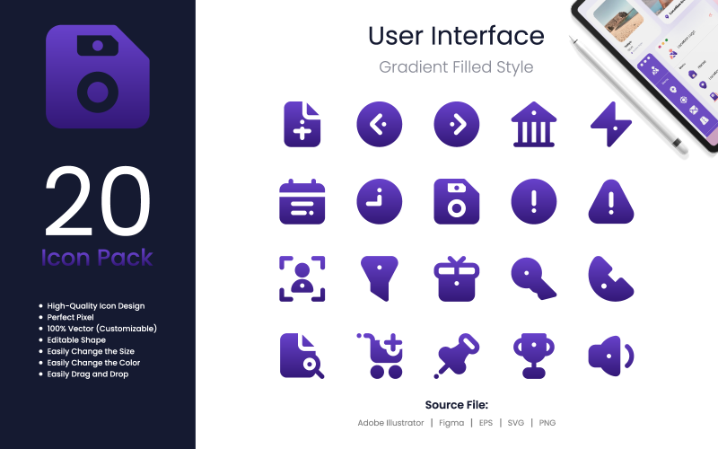 Estilo preenchido com gradiente do pacote de ícones da interface do usuário