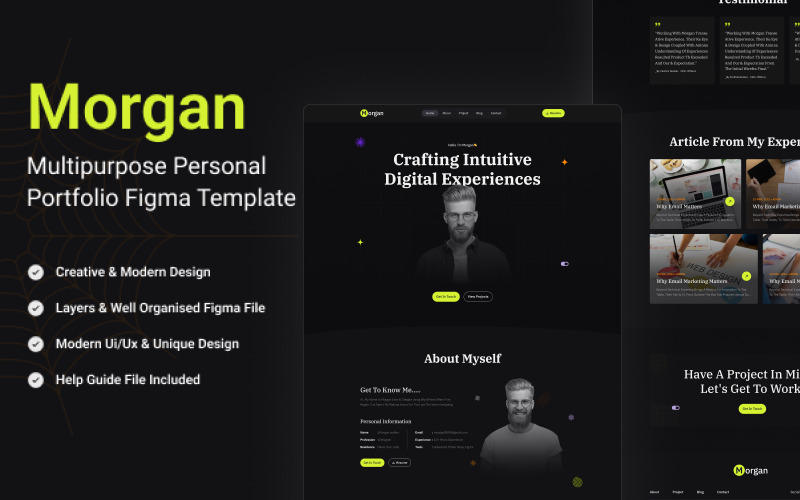 Morgan Creative Dark többcélú személyes portfóliósablon
