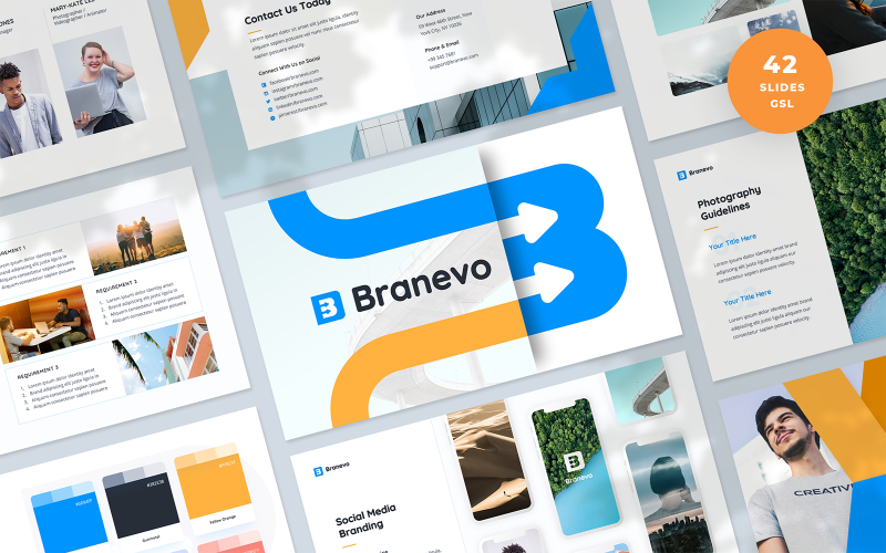 Branevo – Google Slides-Vorlage für Richtlinien zur Markenidentitätspräsentation