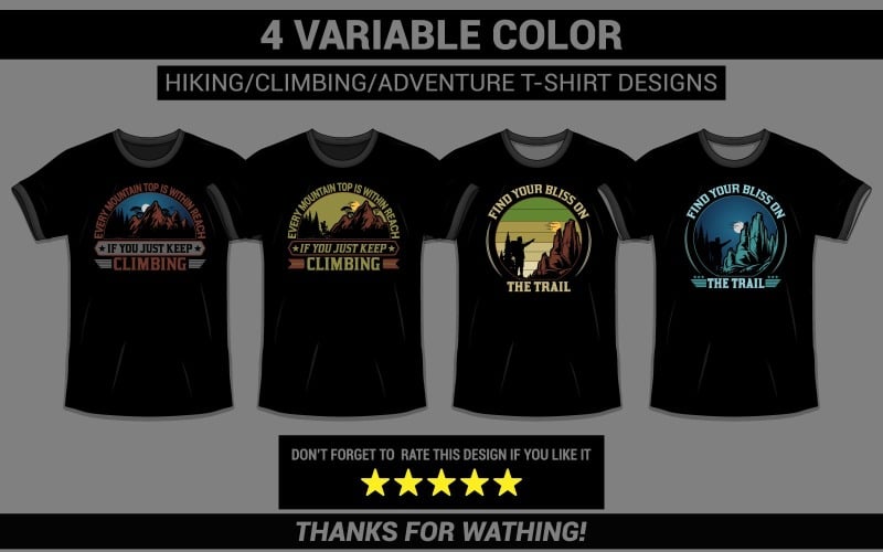 4 különböző színű túra/mászás/kaland/kültéri póló minta