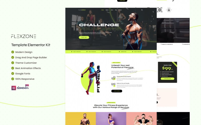FlexZone - Kit de modèles Elementor pour salle de sport et fitness