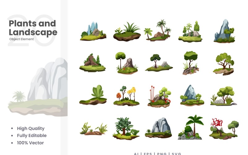 20 Set di elementi vettoriali per piante e paesaggi