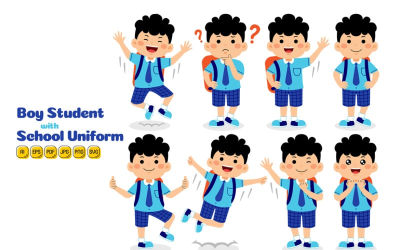 Boy Student with School Uniform Vector Pack #03