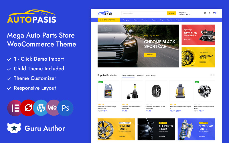 Autopassis -汽车商店, 汽车零部件和工具响应主题Elementor WooCommerce