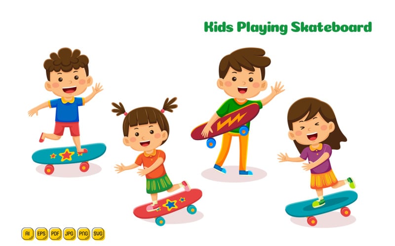 孩子们玩滑板矢量插图01