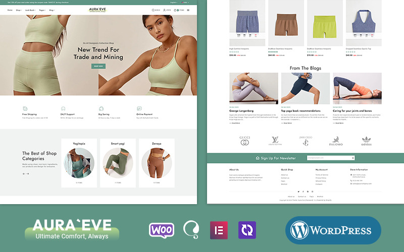 AuraEve - WooCommerce-thema voor yogakleding, fitness en sport