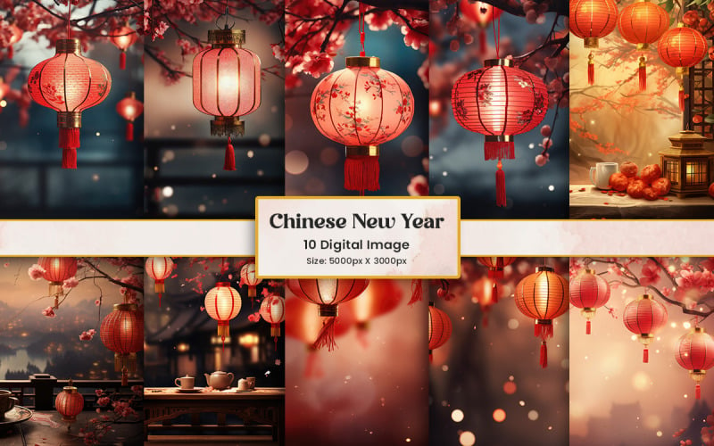 Happy Chinese New Year Lantern Background Bundle and Traditional chinese texture digital paper