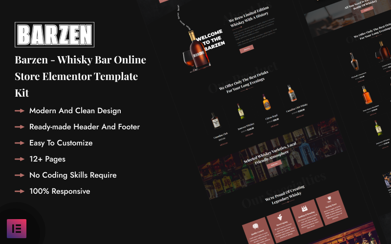 Barzen - Zestaw szablonów sklepu internetowego Whisky Bar Elementor