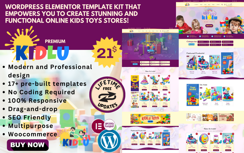Kidlu - WooCommerce Elementor Template Kit voor speelgoed-, kleding- en modewinkels