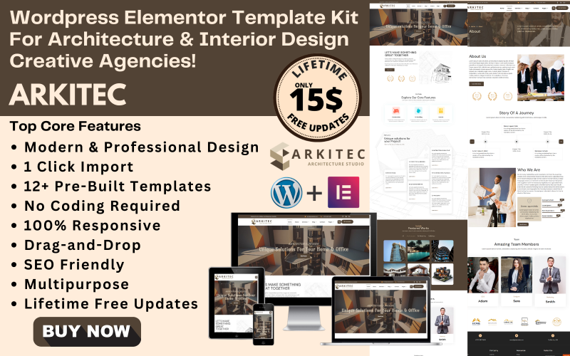 ARKITEC - Kit de modèles Elementor WordPress pour le design d'intérieur, la construction et l'architecture