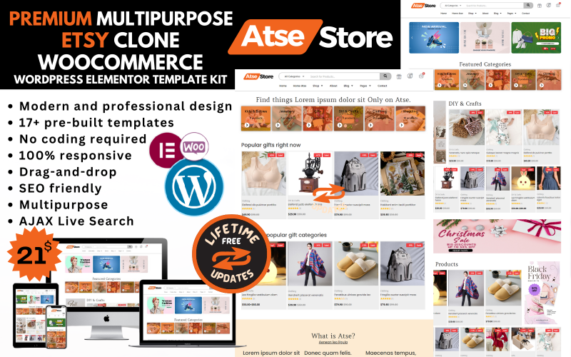 Atse-Store - Kit Elementor de modèles Woocommerce polyvalents pour magasin d'artisanat et de vêtements