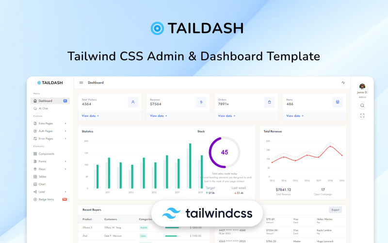 TailDash - Administração CSS do Tailwind e modelo HTML de painel