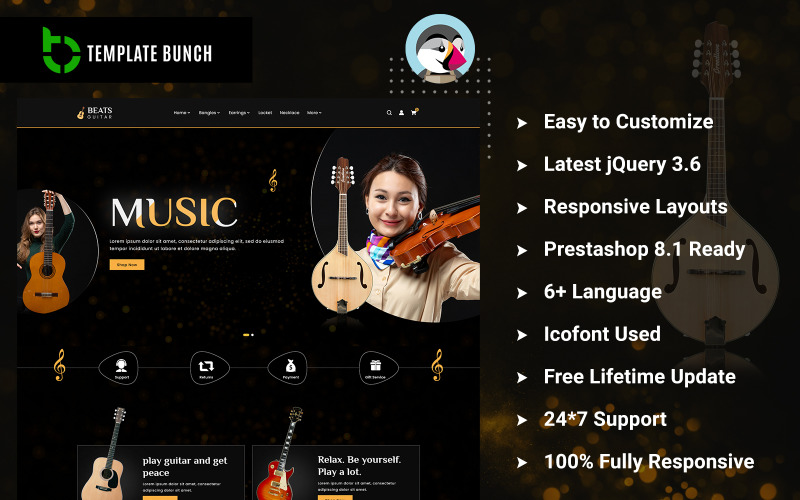 Beats Guitar — адаптивная тема Prestashop для электронной коммерции