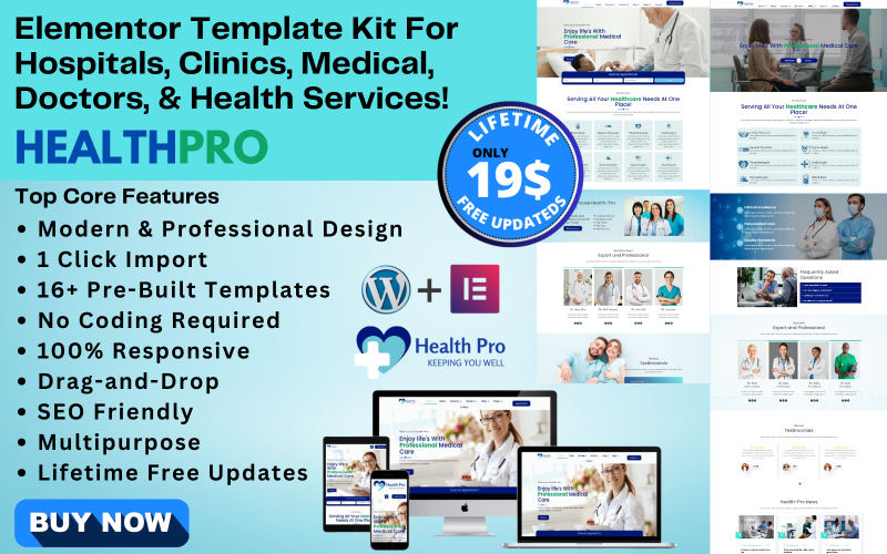 WordPress Health-Pro医院元素模板套件, 诊所和健康相关企业