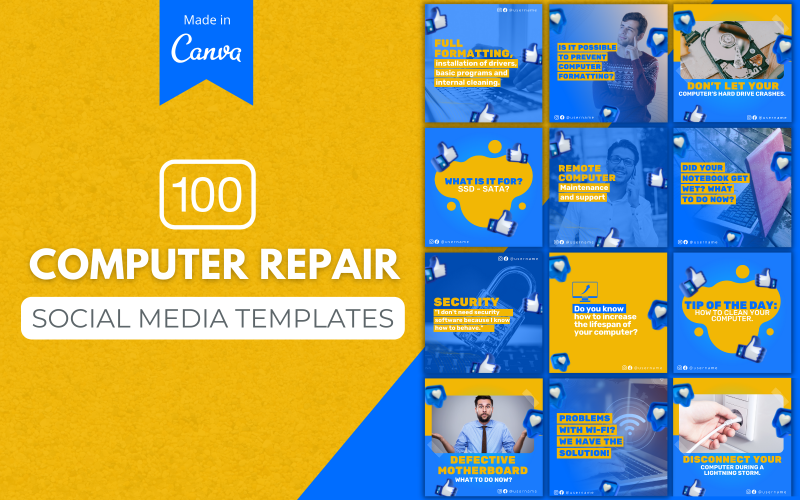100 个社交媒体计算机维修中心 Canva 模板