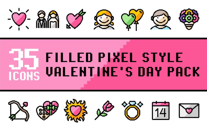 Pixliz – Mehrzweck-Valentinstag-Icon-Pack im gefüllten Pixel-Stil