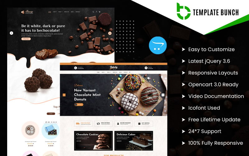 BargeBaker - Choklad och bageri Responsivt OpenCart-tema för e-handelswebbplatsmall
