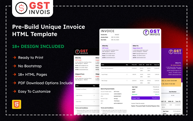 GST Invoico - Modèle HTML de facture prêt à imprimer