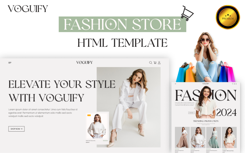 Voguify: HTML-websitesjabloon voor elegante modewinkel. Responsieve, GSAP-animaties en stedelijke sfeer!