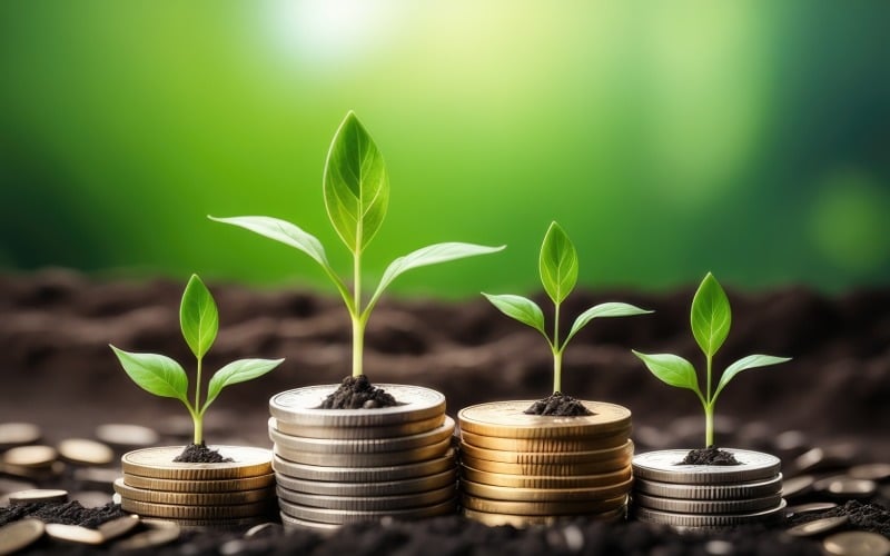 Premium Business Growing Plants on Coins Stacked on Green Blurred Background 25
